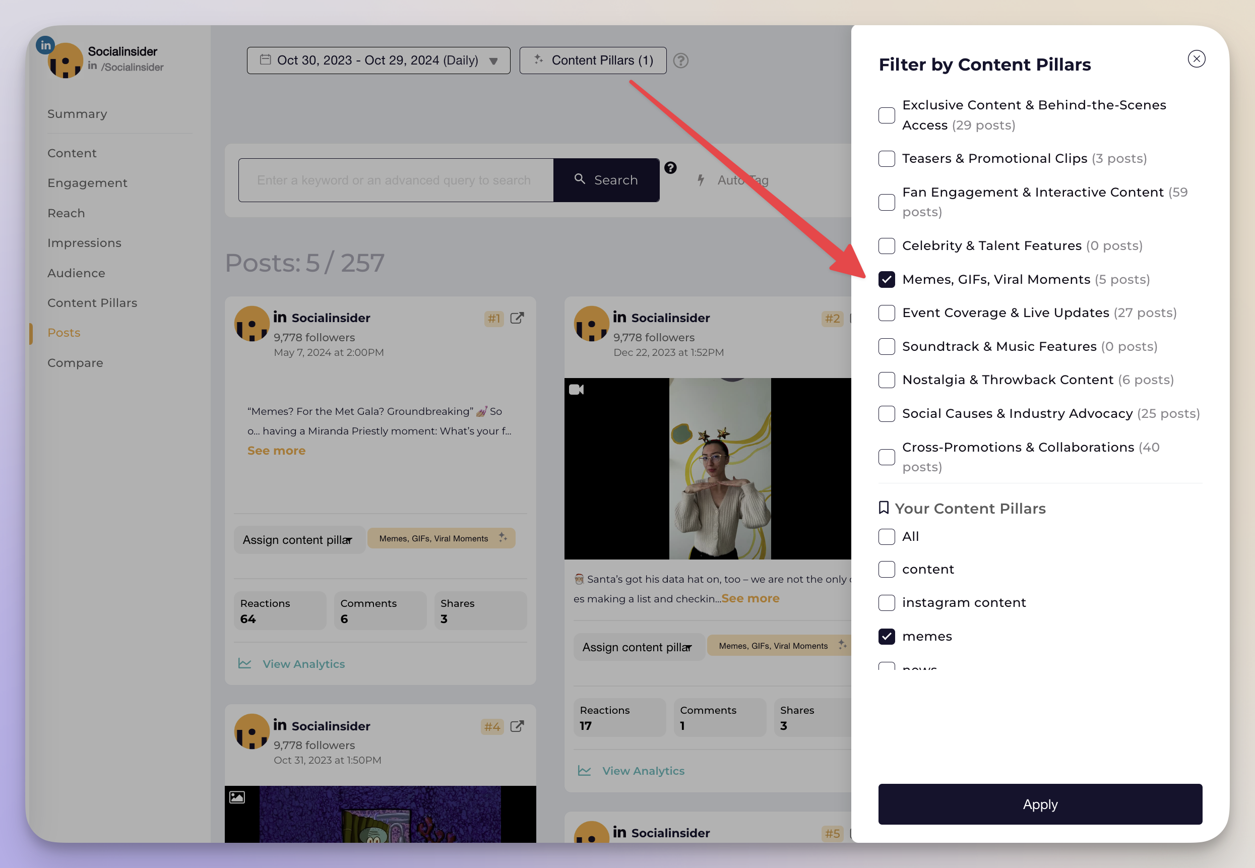 Filter by the AI Content Pillar in Socialinsider dashboard