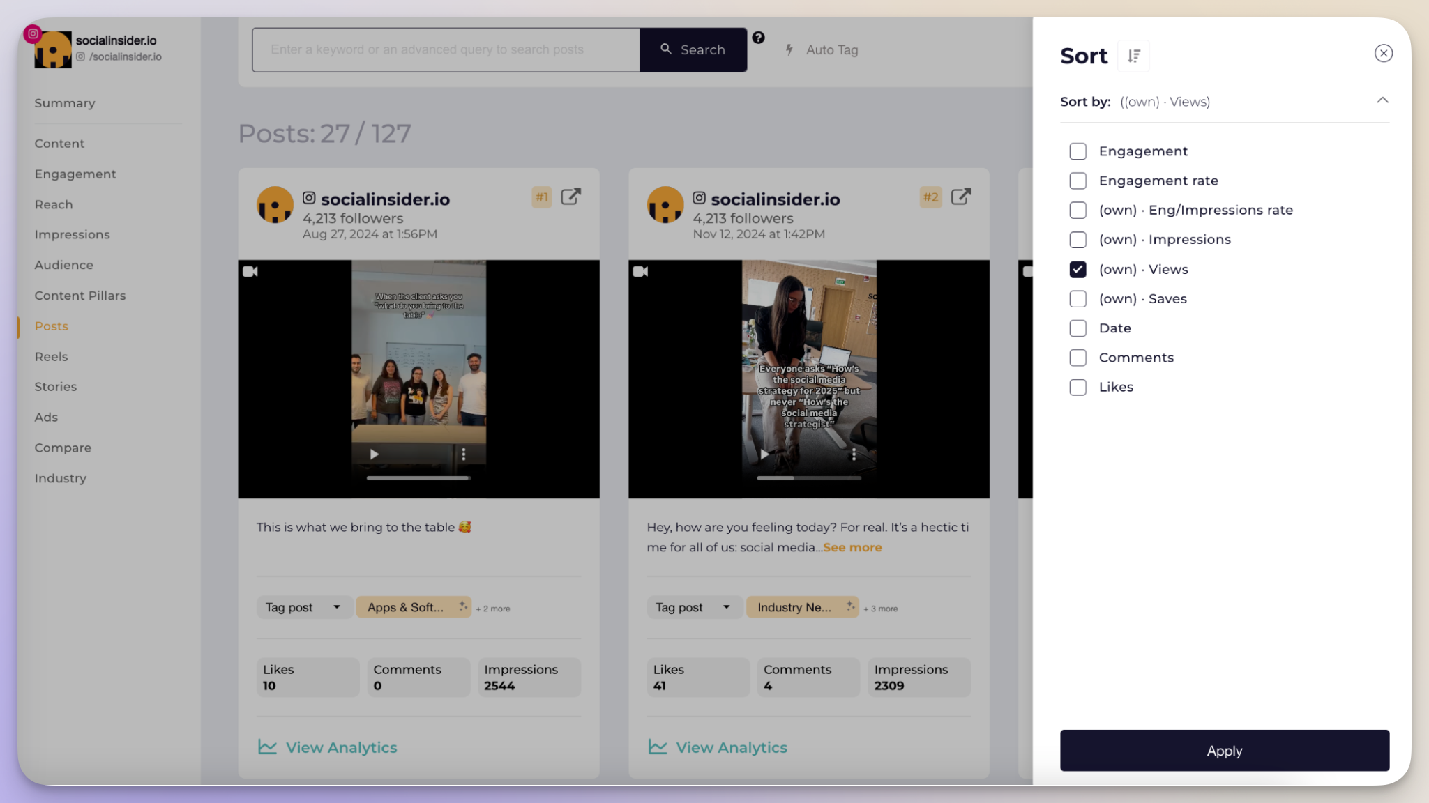 socialinsider dashboard for reels