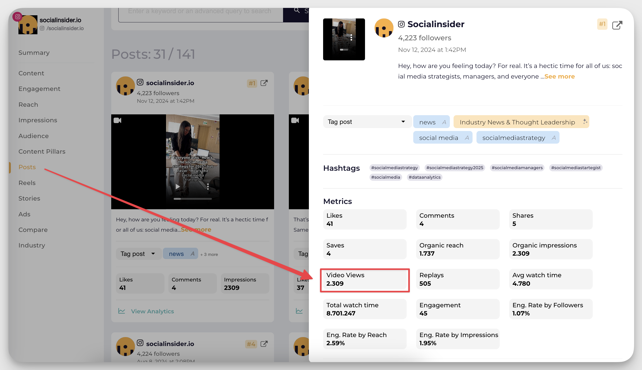 Socialinsider's dashboard tracking Reels' views