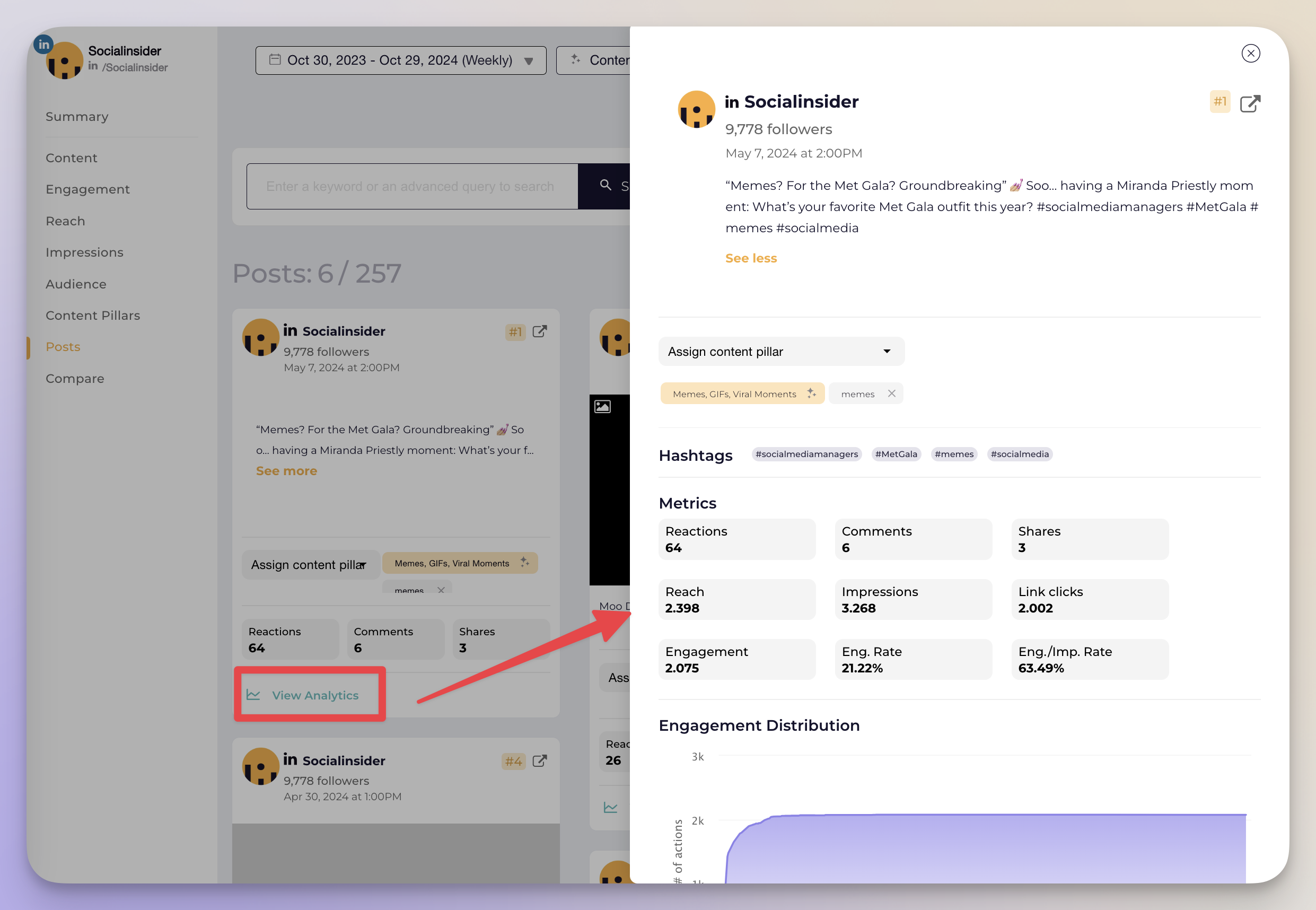 Analytics per post in the Socialinsider Dashboard