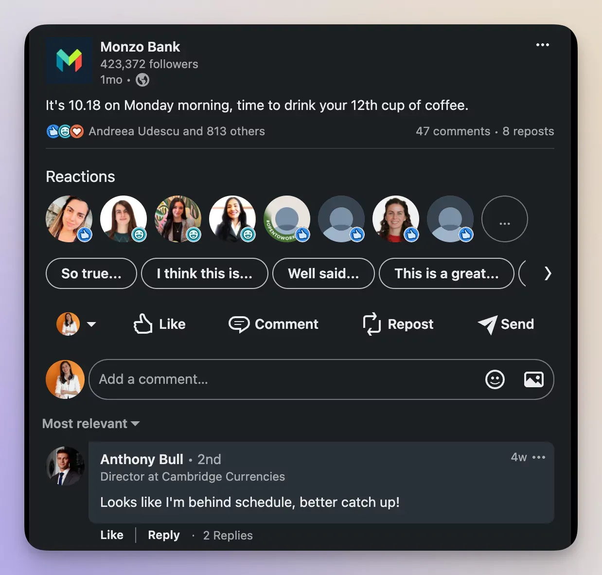 Monzo Bank's high-performing text-based post on Linkedin